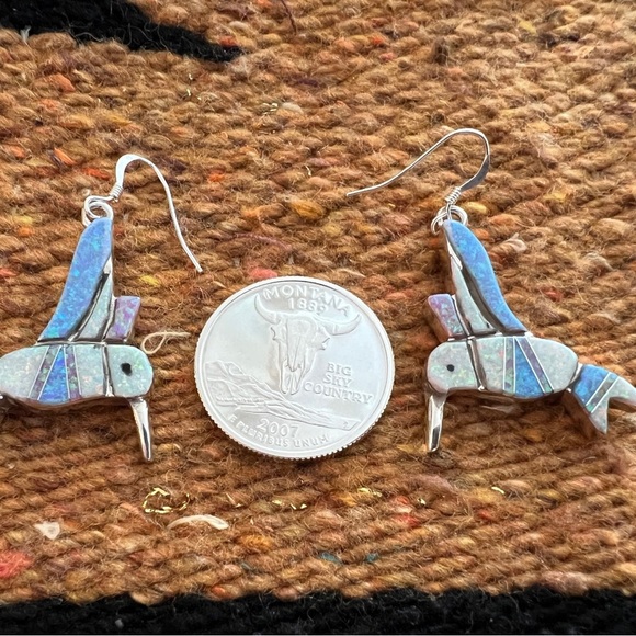 ❤️ Signed Zuni Opal Inlay Native American Sterling Hummingbird Earrings 9.2Gm - Picture 8 of 11